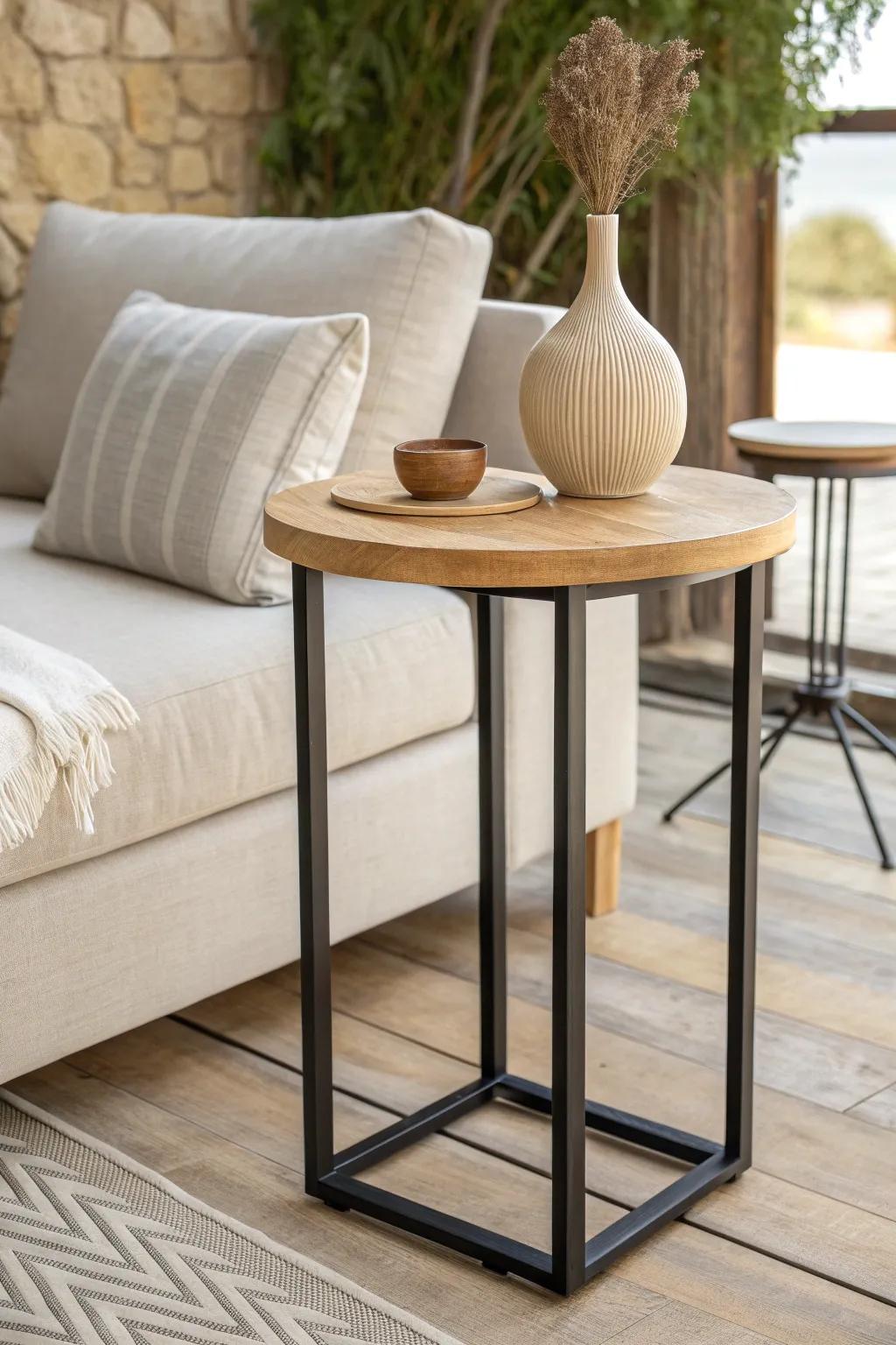 Clean wood grain meets matte black metal—an airy, modern side table with timeless contrast.