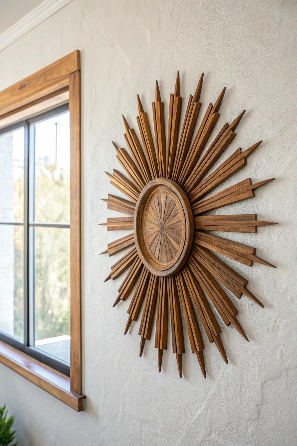 Warm stained carved wood sunburst with a bronze sunset glow—simple Southwest charm.