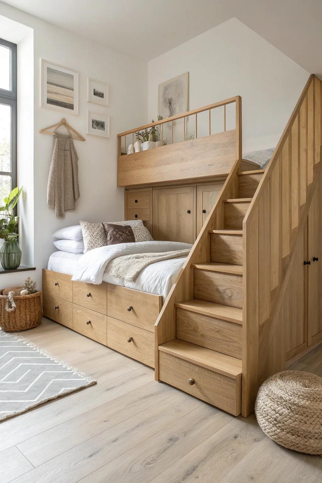 Loft bed with storage stairs—every step a drawer for a safer climb and clutter-free space.