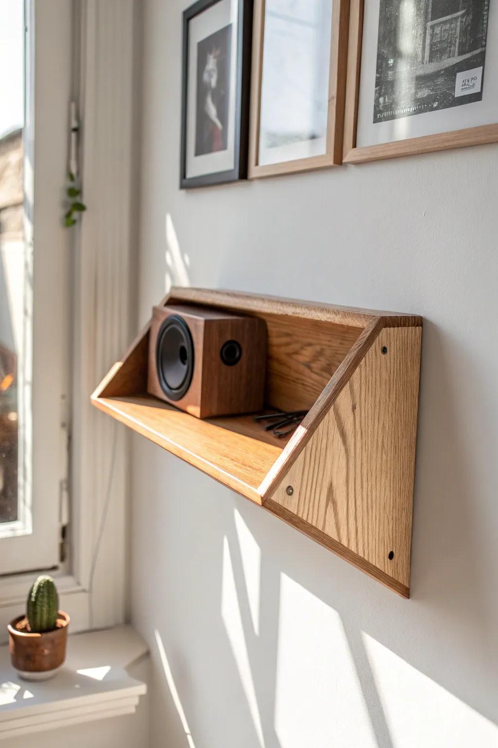 A minimalist angled oak speaker shelf that gently toes-in sound for a centered, cozy listen.