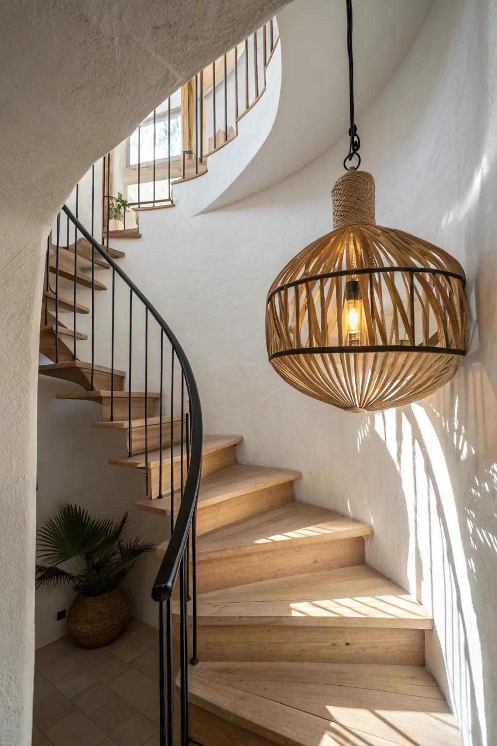 A warm rattan pendant cascading through a wood spiral staircase—simple, sculptural, magical.
