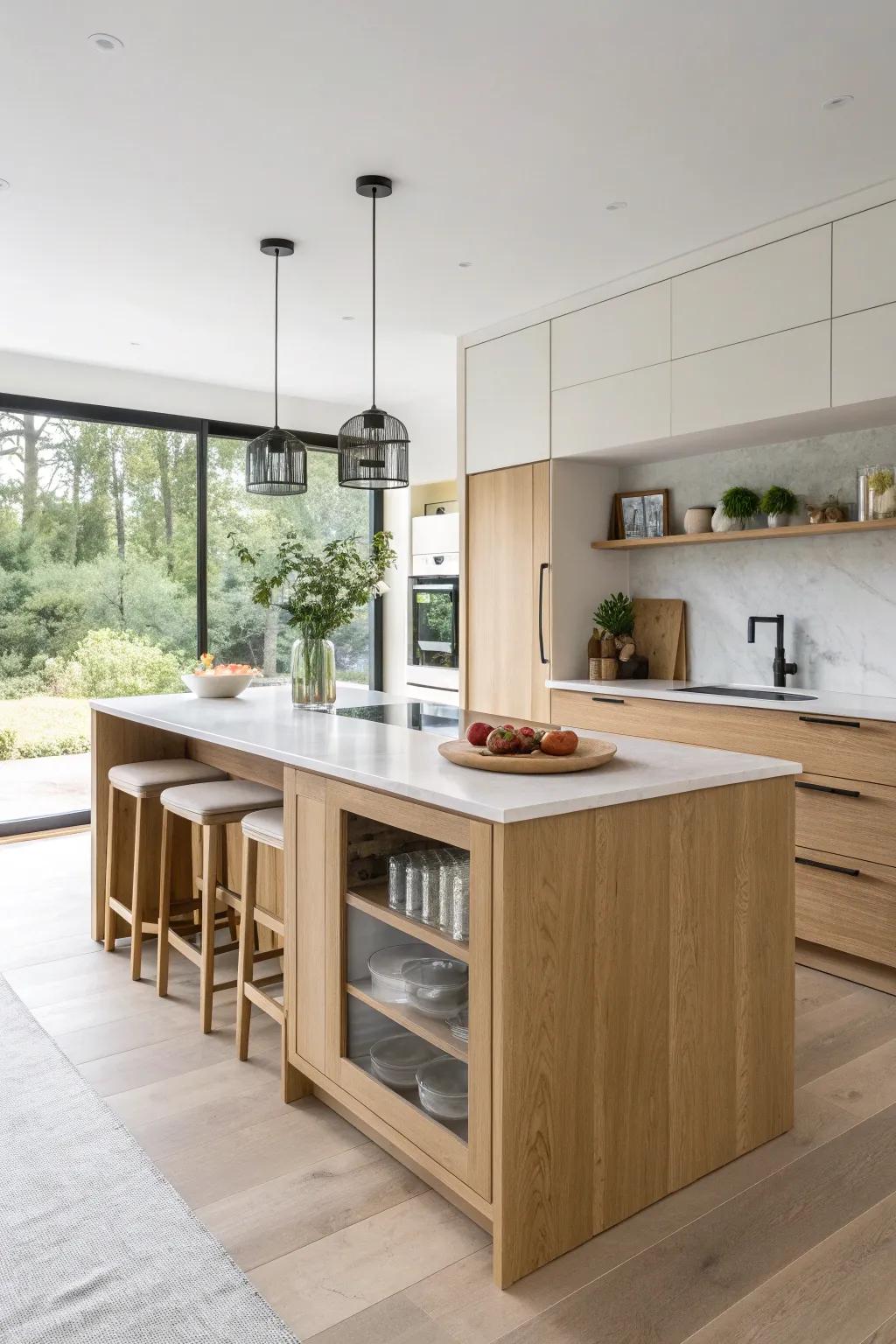 Split-level island with a single waterfall edge—framing the dining tier like a built-in table.