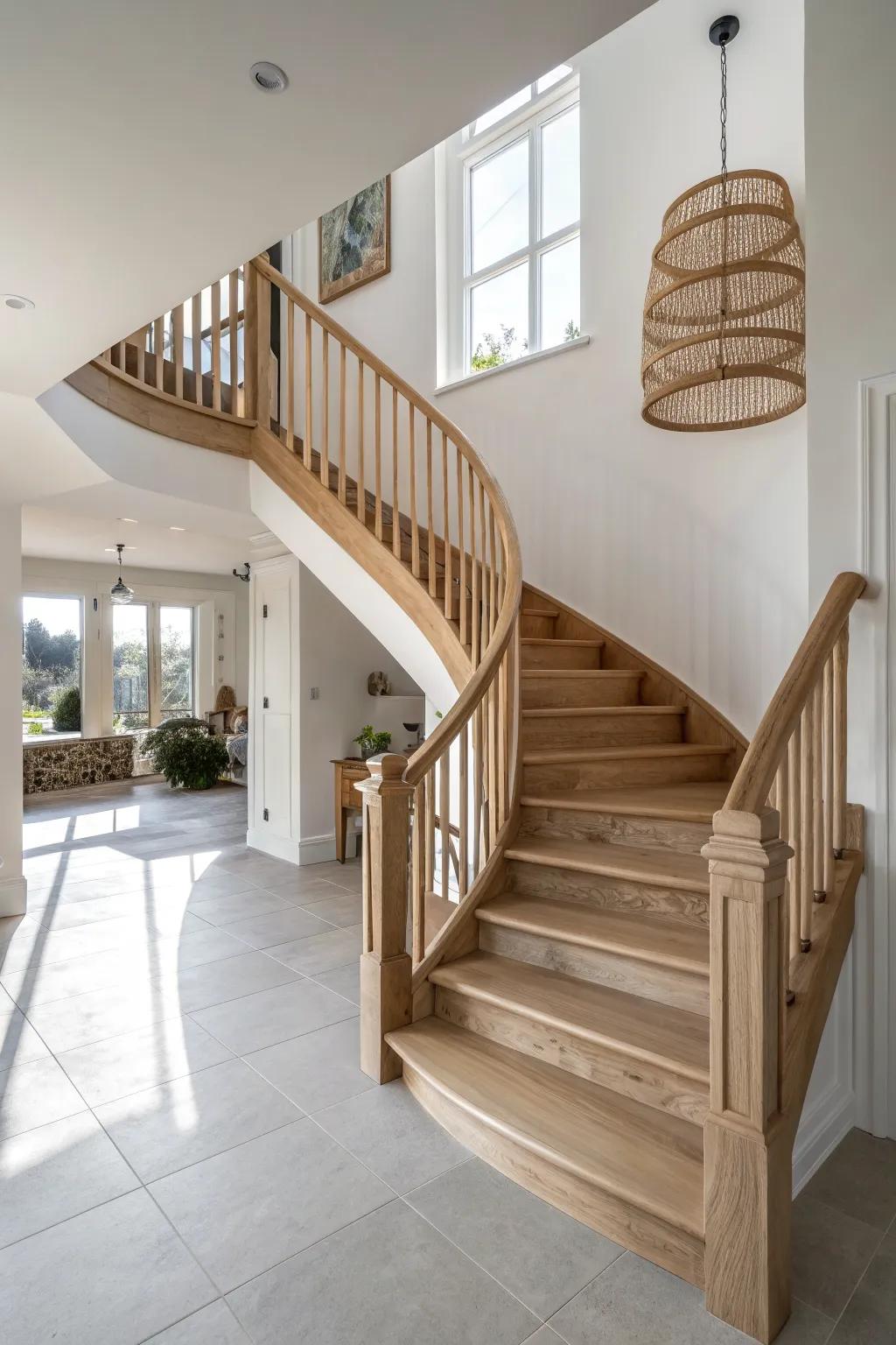 Curved rails let a split staircase fan outward—soft, cinematic elegance in pale oak.