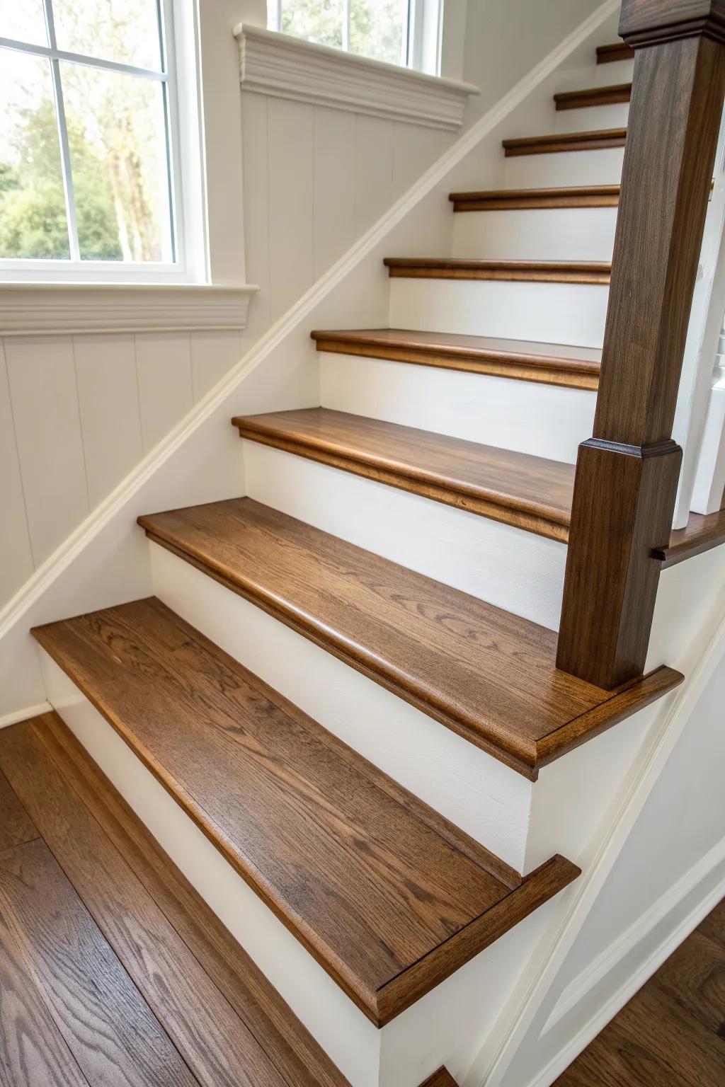 Framed-step stain: deep border with a warm lighter center for custom, high-end stairs.