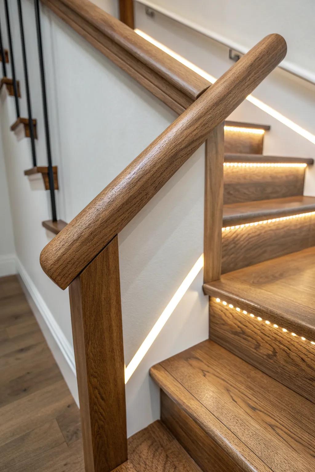Hidden LED under the handrail adds a warm, custom glow for safer stair landings.