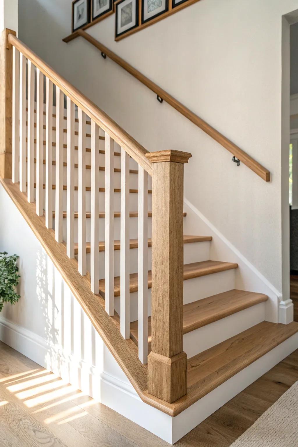 Square wood slat railing with a warm stained cap rail—modern farmhouse, cozy and clean.