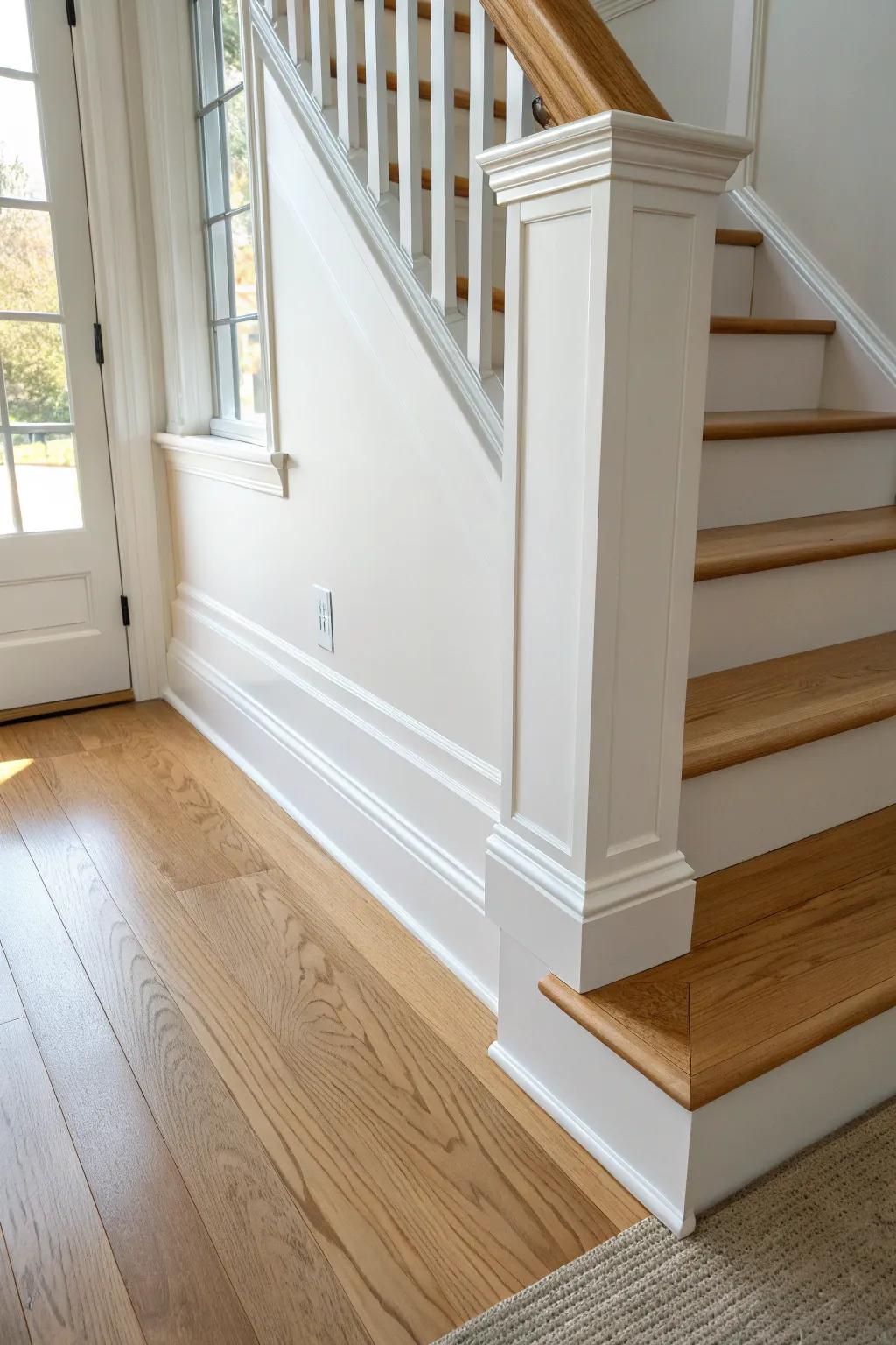 Extra-tall baseboards at the landing make stair trim look intentional, clean, and high-end.