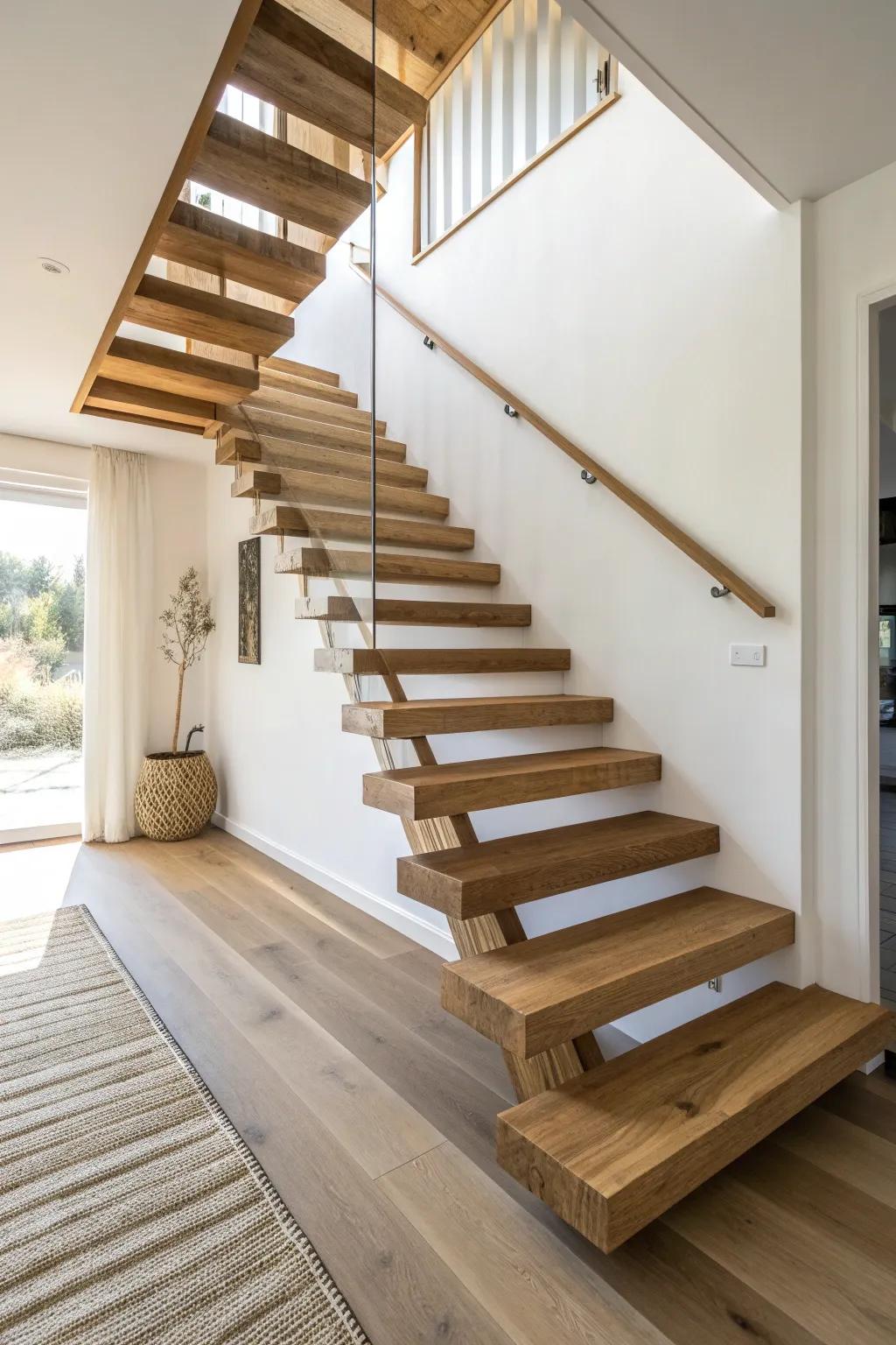 Floating oak treads that hover off the wall—airy, minimalist, and beautifully handcrafted.