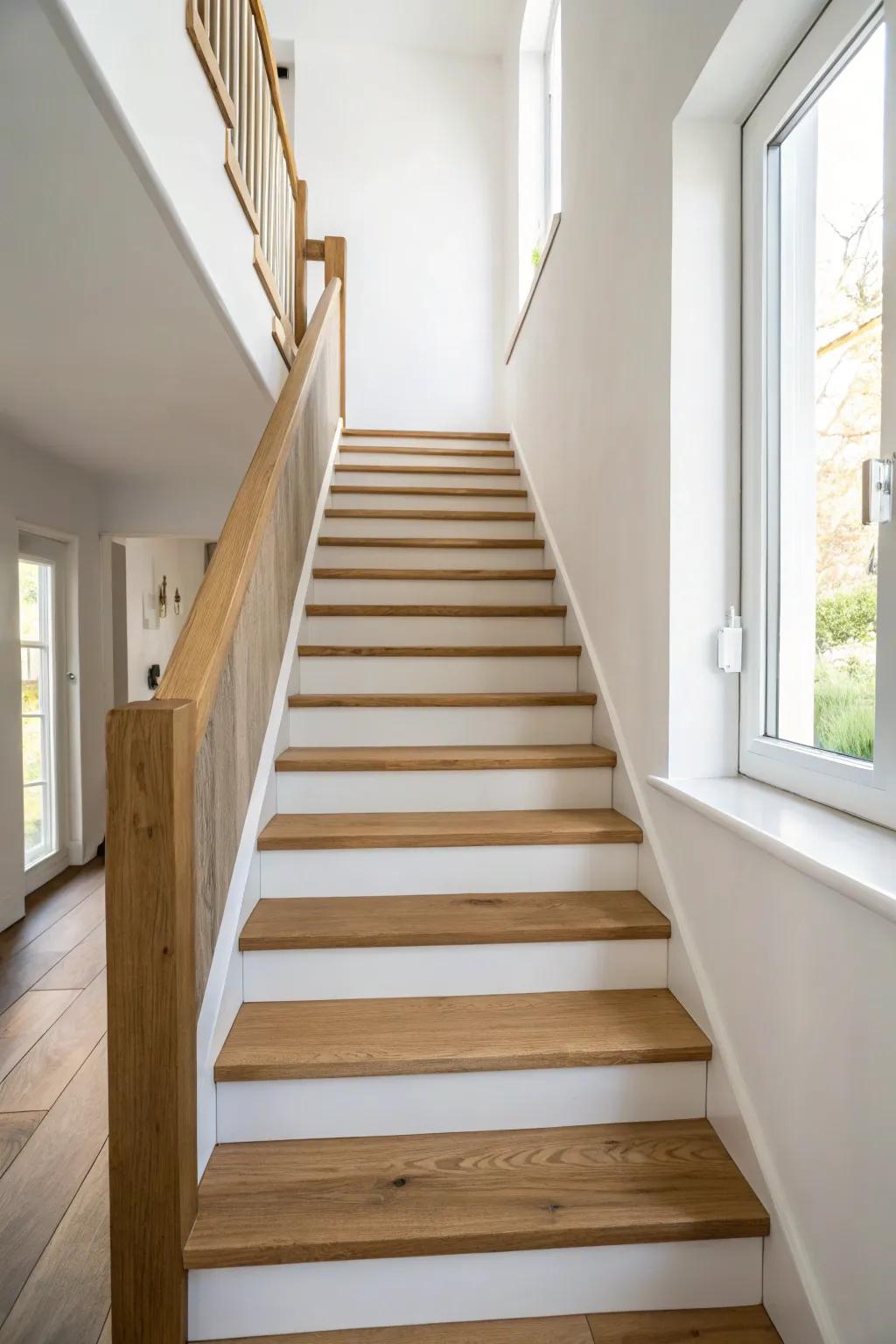 Playful yet polished: alternating stair riser colors that highlight natural wood grain.