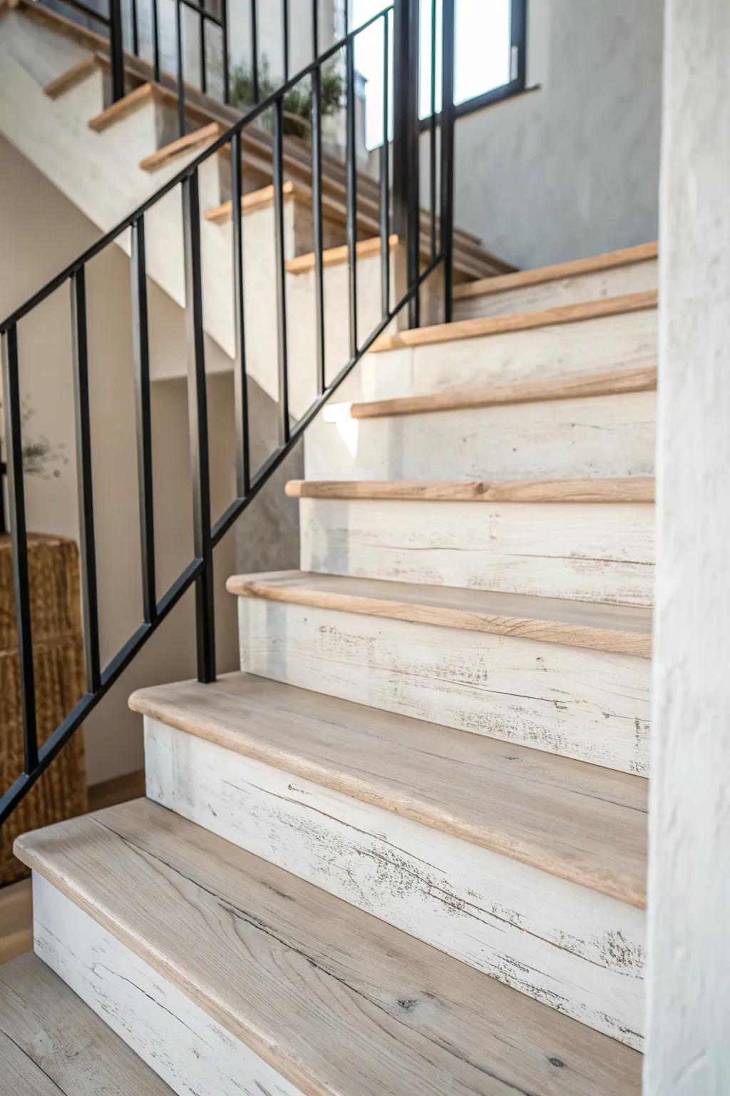 Light whitewashed wood stairs with gently worn centers—rustic farmhouse charm, no carpet needed.