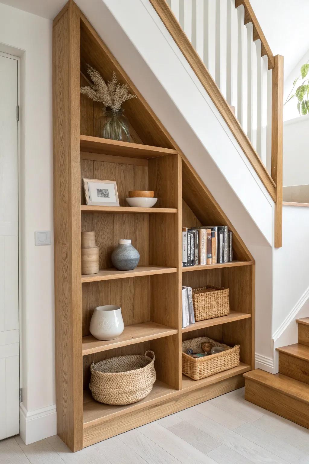 Turn the stair triangle into a warm, minimal gallery with matte wood shelves and woven baskets.