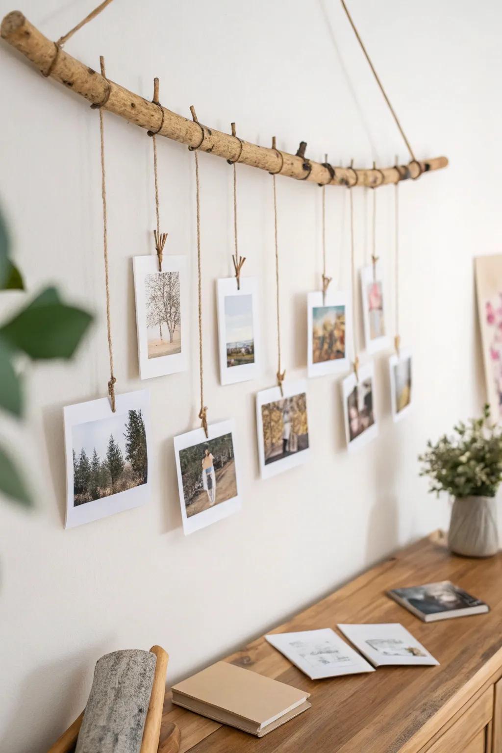 A sealed birch branch with linen strings and brass clips—an airy, boho-minimal photo display.