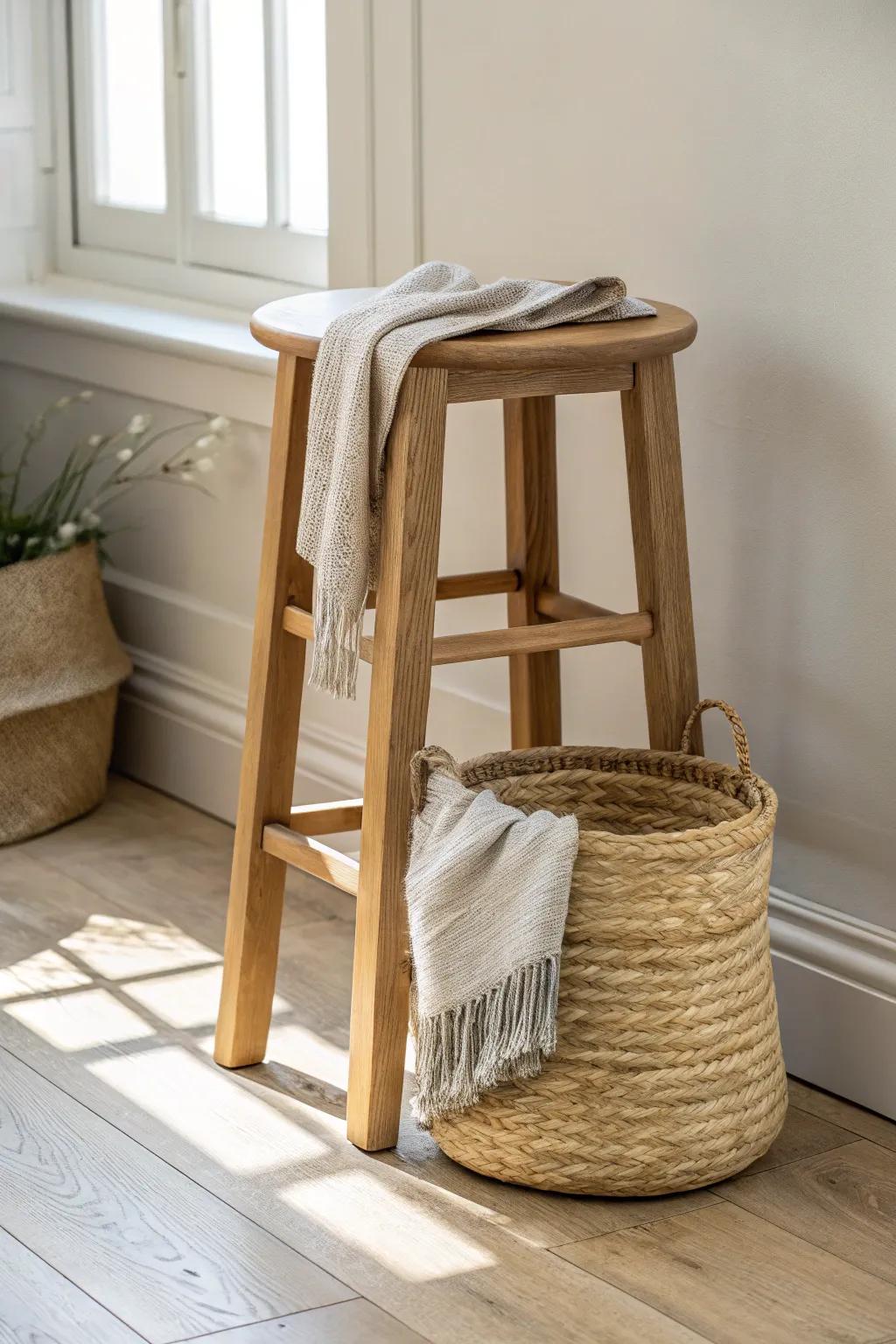 Turn your stool into a tiny stage: tuck a woven basket underneath for chic hidden storage.