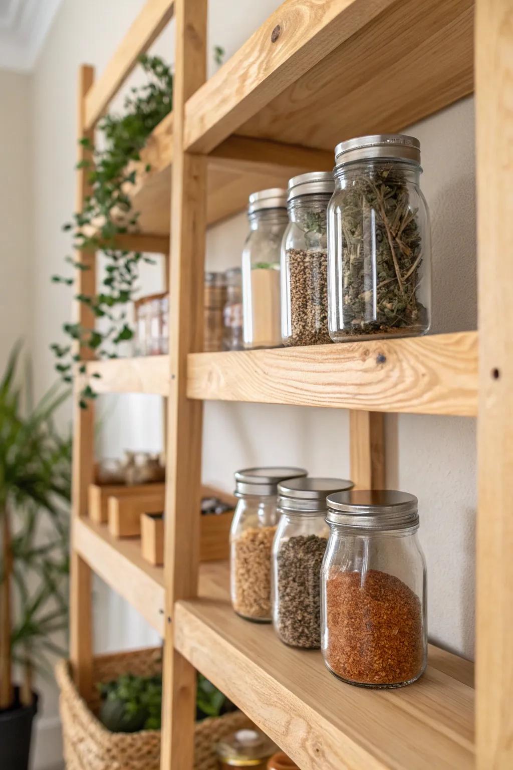 Elevate your storage with minimalist wooden shelves for your mason jar collection.