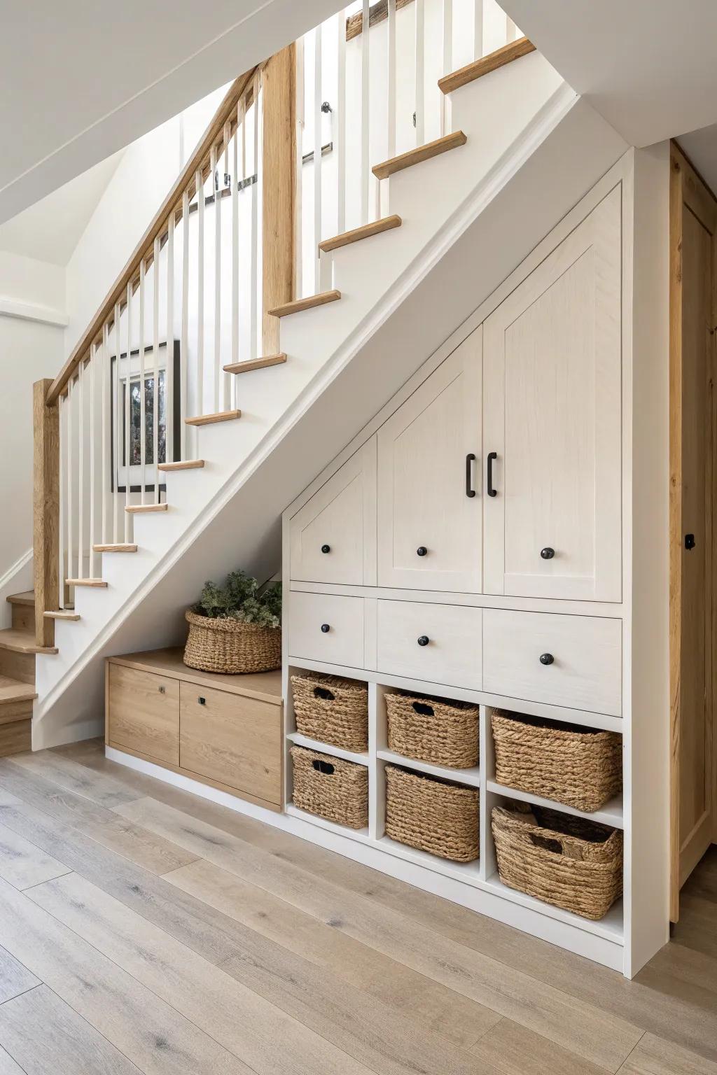 Under-stair built-ins with oak pull-outs and soft-white cubbies—clean lines, big storage.