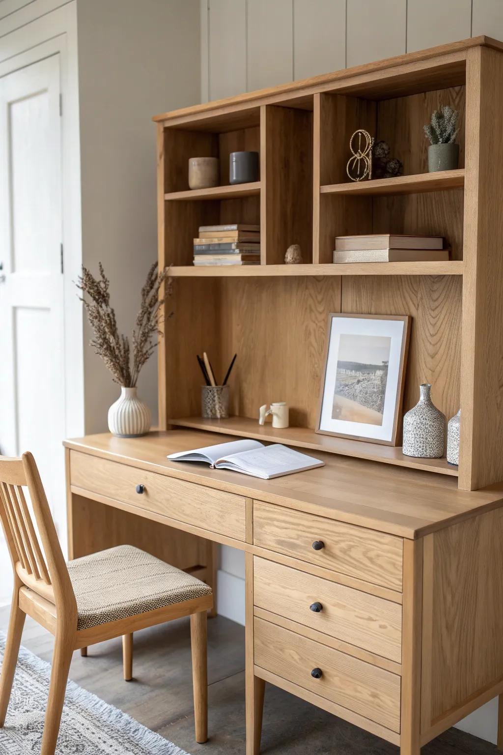 Hutch-top study desk: shelves + art ledge for a calm, intentional command-center setup.