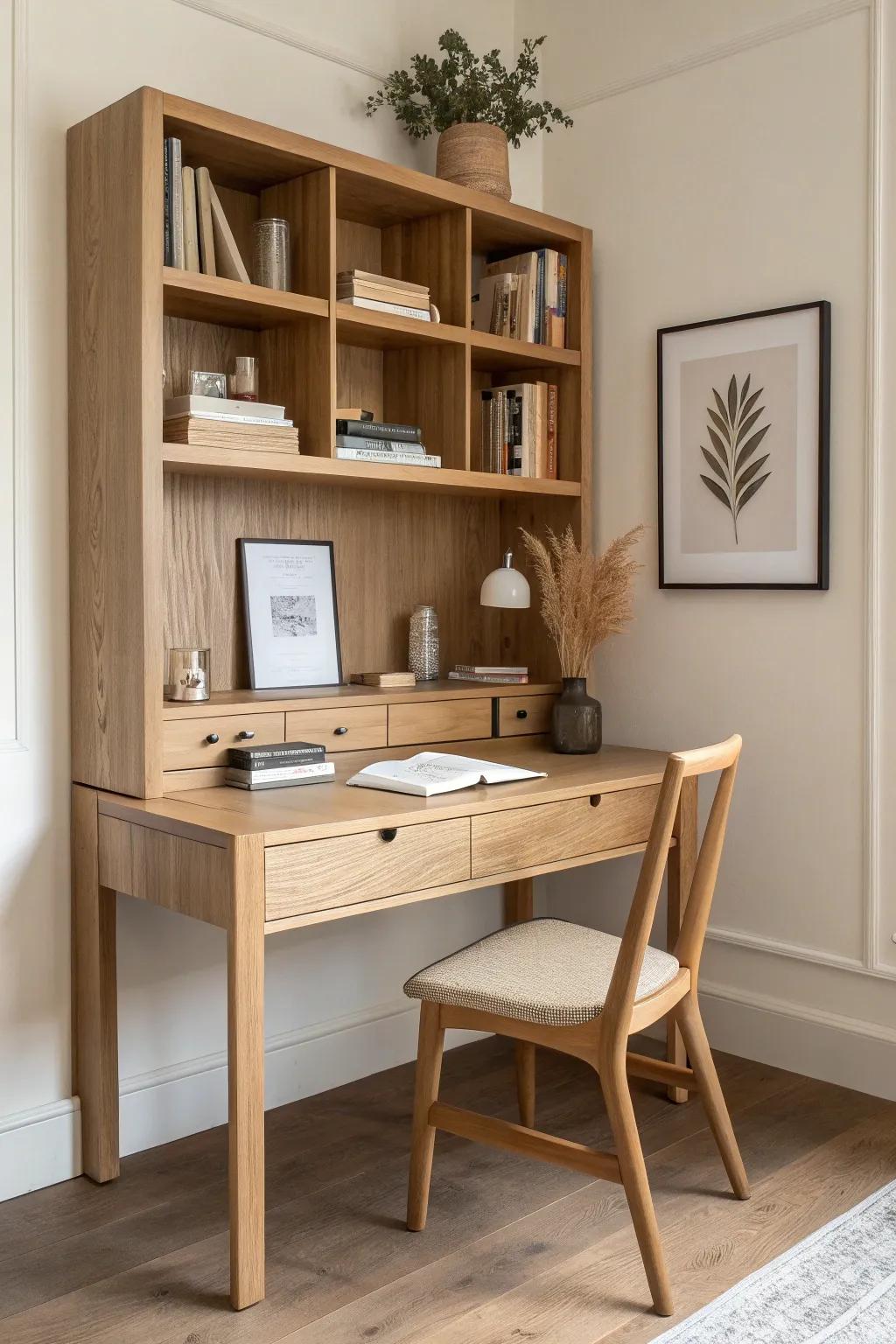 Airy open-shelf study table in light oak—minimal lines, warm wood grain, calm focus.