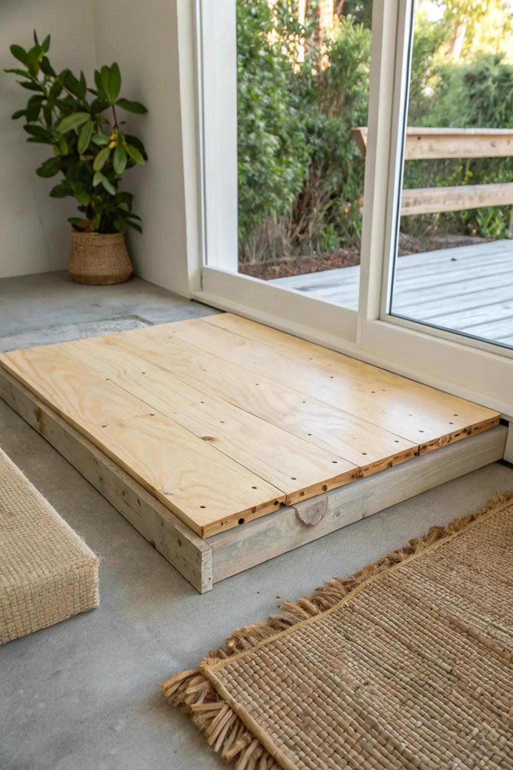 Plywood subfloor on sleepers adds insulation and turns a concrete sunroom into a true room.