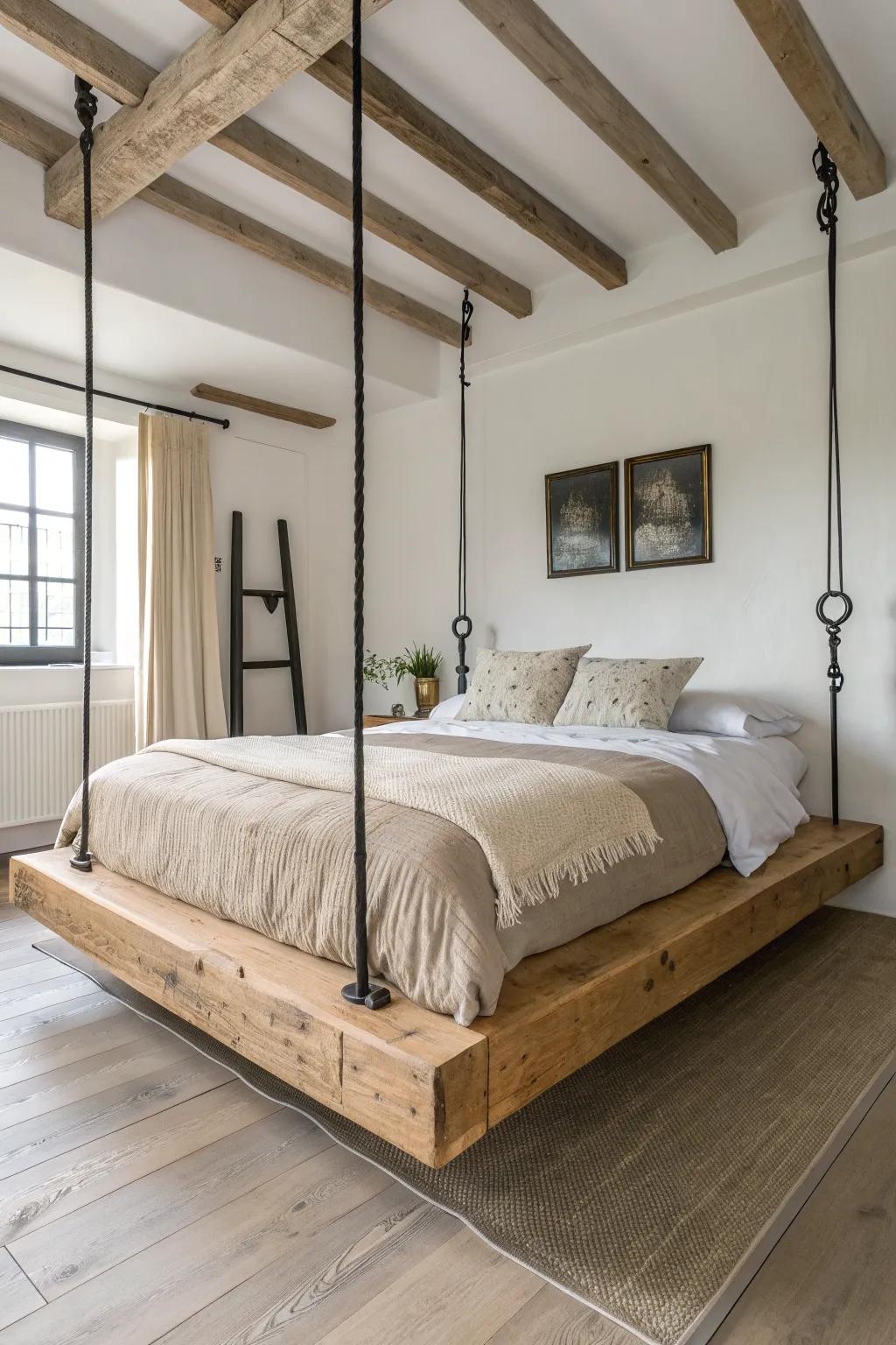 A suspended reclaimed-beam bed that floats with history—raw wood grain, clean lines, bold contrast.