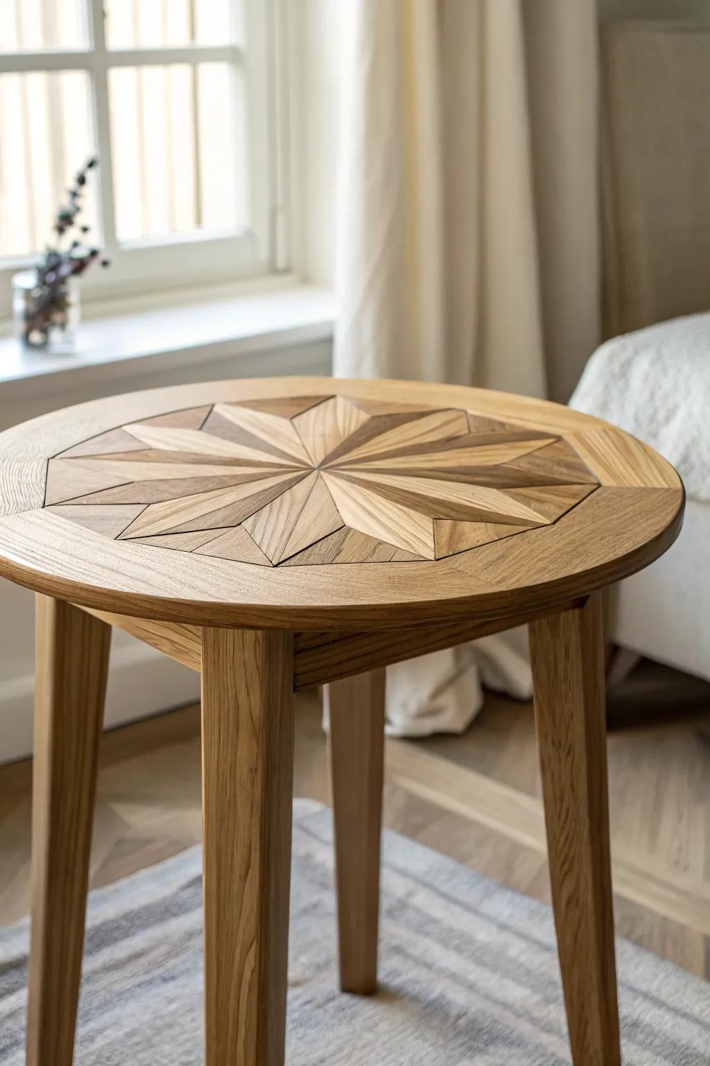 Vintage-sweet corner fan inlays: tiny sunbursts that elevate a simple table with handmade charm.