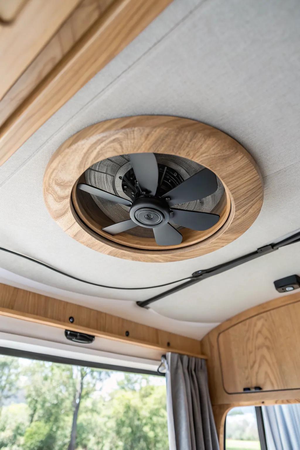 A roof vent fan plus a screened window cross-breeze keeps your teardrop interior cool and fresh.
