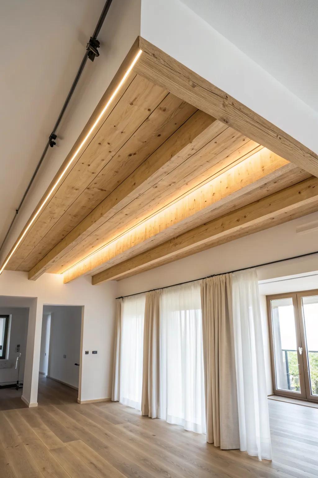Concealed uplighting makes timber beams glow—soft, luxe, and beautifully clutter-free.