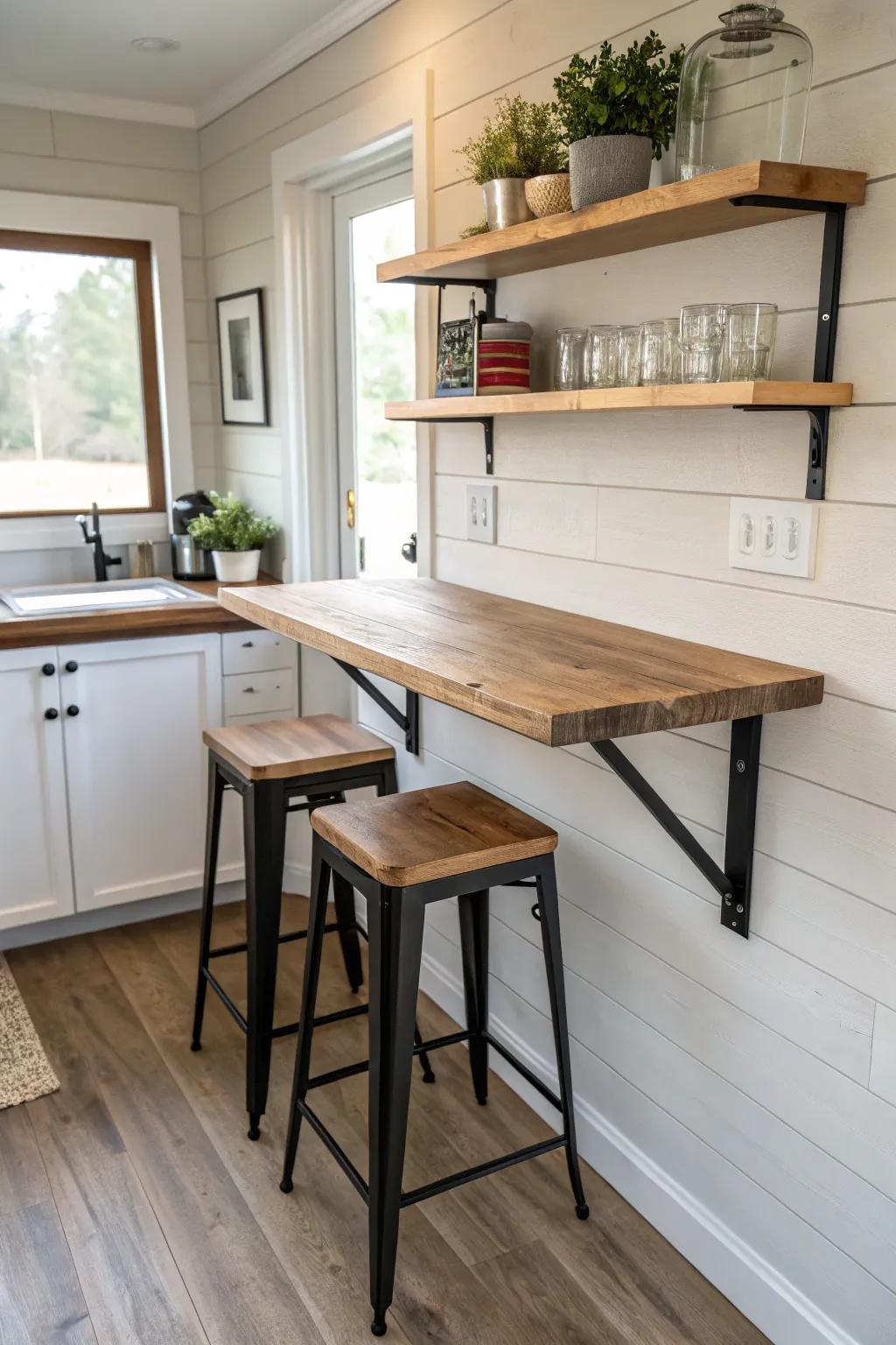 Fold it down for meals, fold it up for space—tiny kitchen comfort with crafted wood.