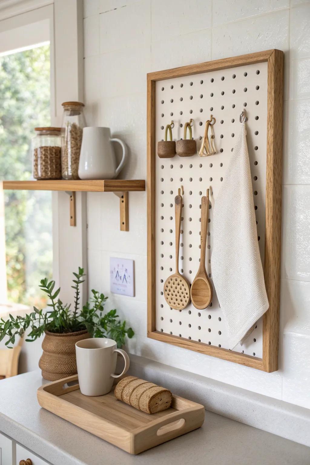 Wood-framed pegboard storage keeps a tiny home kitchen calm, flexible, and beautifully minimal.