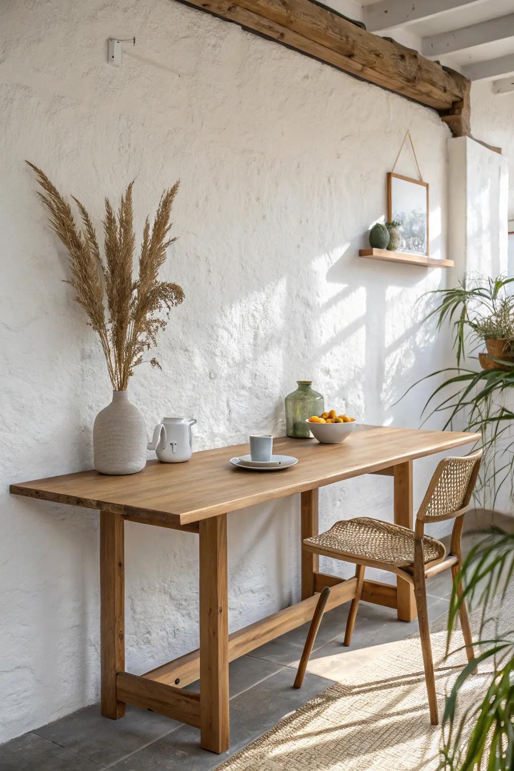 Space-saving wall-rail table with a removable oak top—real wood dining, zero floor clutter.