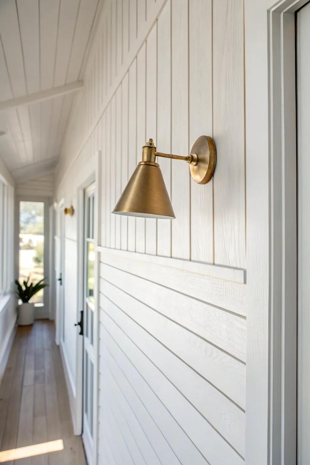 Whitewashed tongue-and-groove + warm brass: an airy modern farmhouse accent wall.