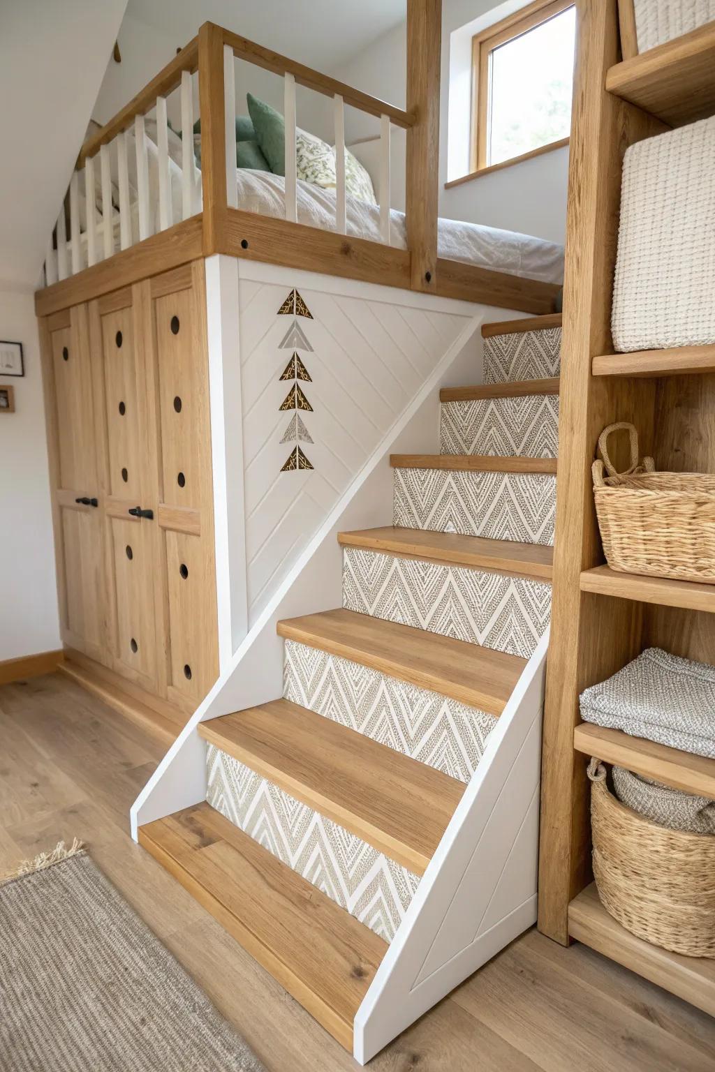 Decorate stair fronts with stain, paint, and cubbies for a sleek built-in bunk look.