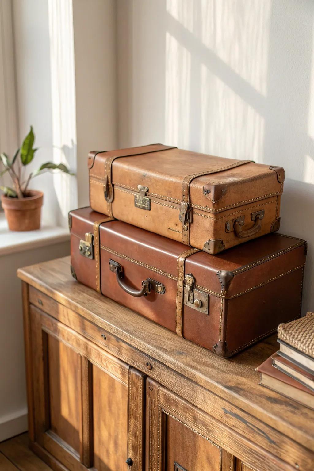 Vintage suitcases atop the bookshelf add height and hidden storage—rustic, cozy, chic.