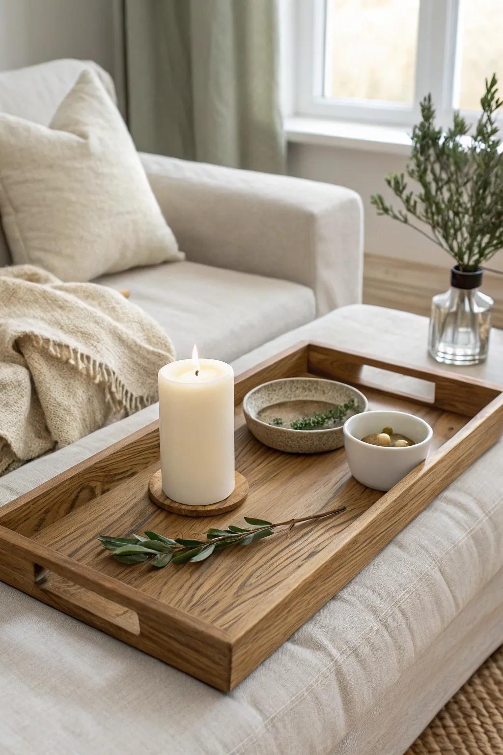 A warm wood tray pulls candles, a bowl, and greenery into one timeless coffee-table vignette.