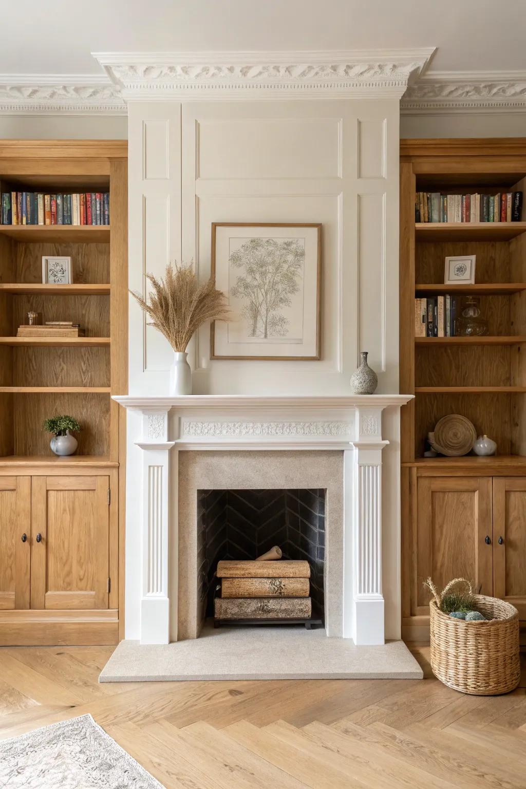 A classic mantel made grand with symmetrical built-in bookcases in warm, timeless wood.