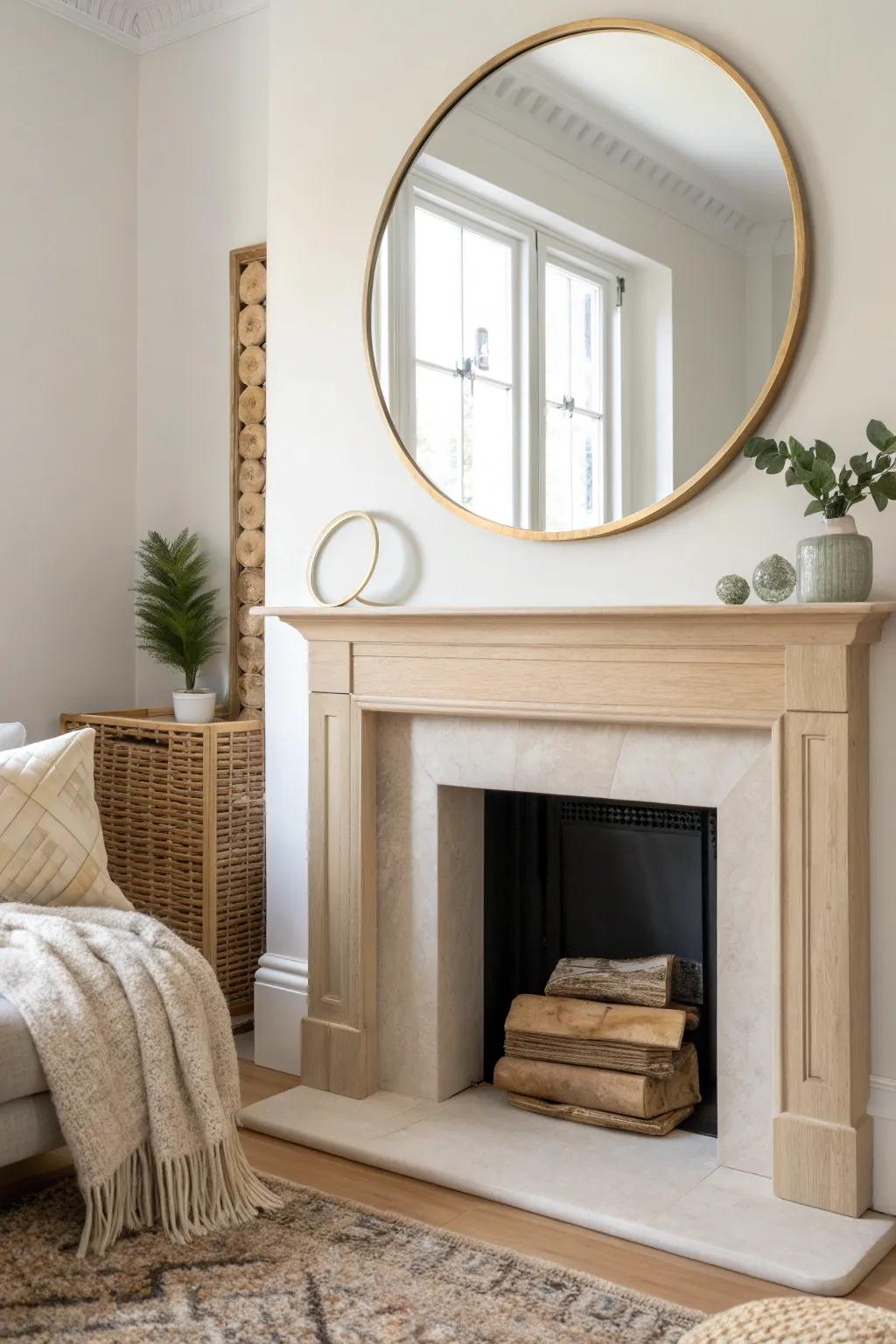 A round mirror softens a boxy fireplace and reflects light for an airy, timeless look.