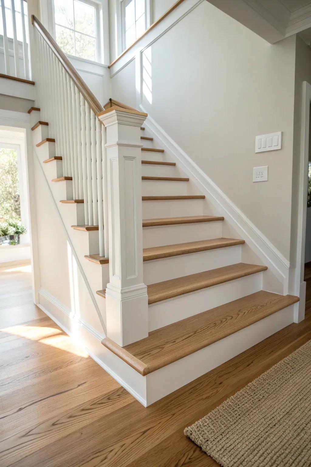 Extra-tall baseboard flowing into stair trim—clean, seamless, and instantly elevating the entry.