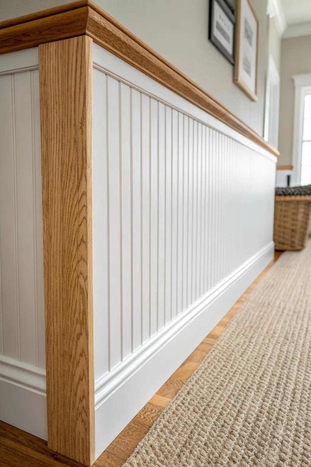 Warm oak cap rail over crisp white beadboard—an easy trim detail for cottage-cozy entries.
