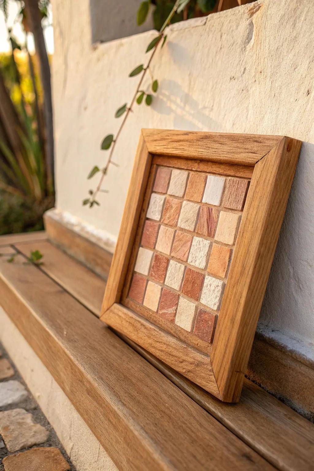A petite terracotta mosaic, framed in oak—an easy Tuscan moment with handmade warmth.