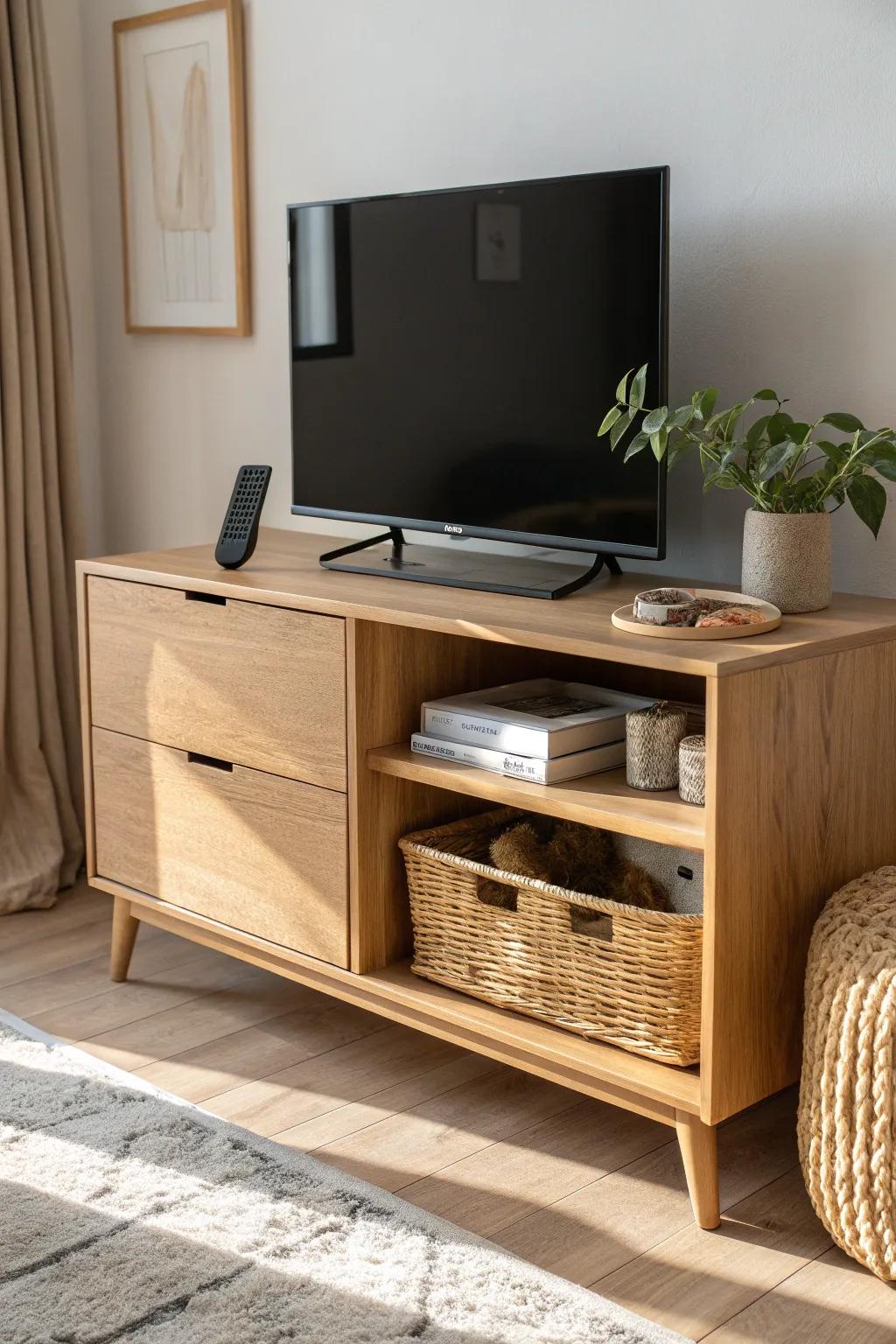 Use your sideboard storage on purpose: drawers for remotes, shelves to hide the daily TV mess.
