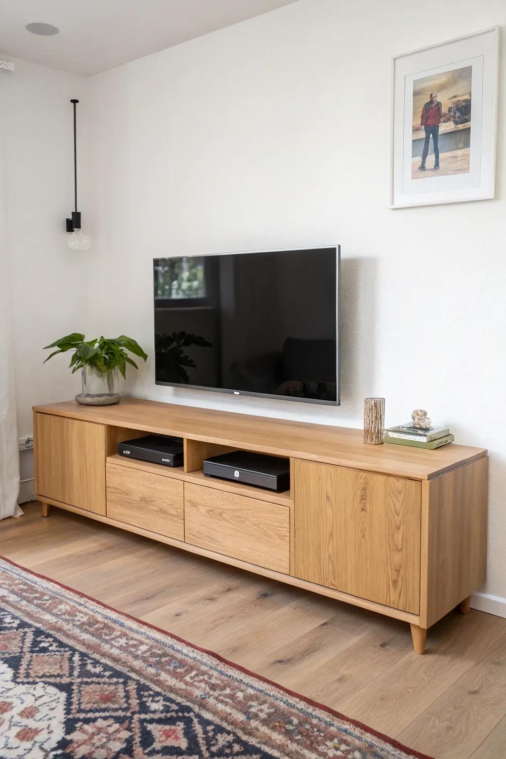 A shallow built-in TV wall in light oak—custom look, minimal depth, perfect for small rooms.