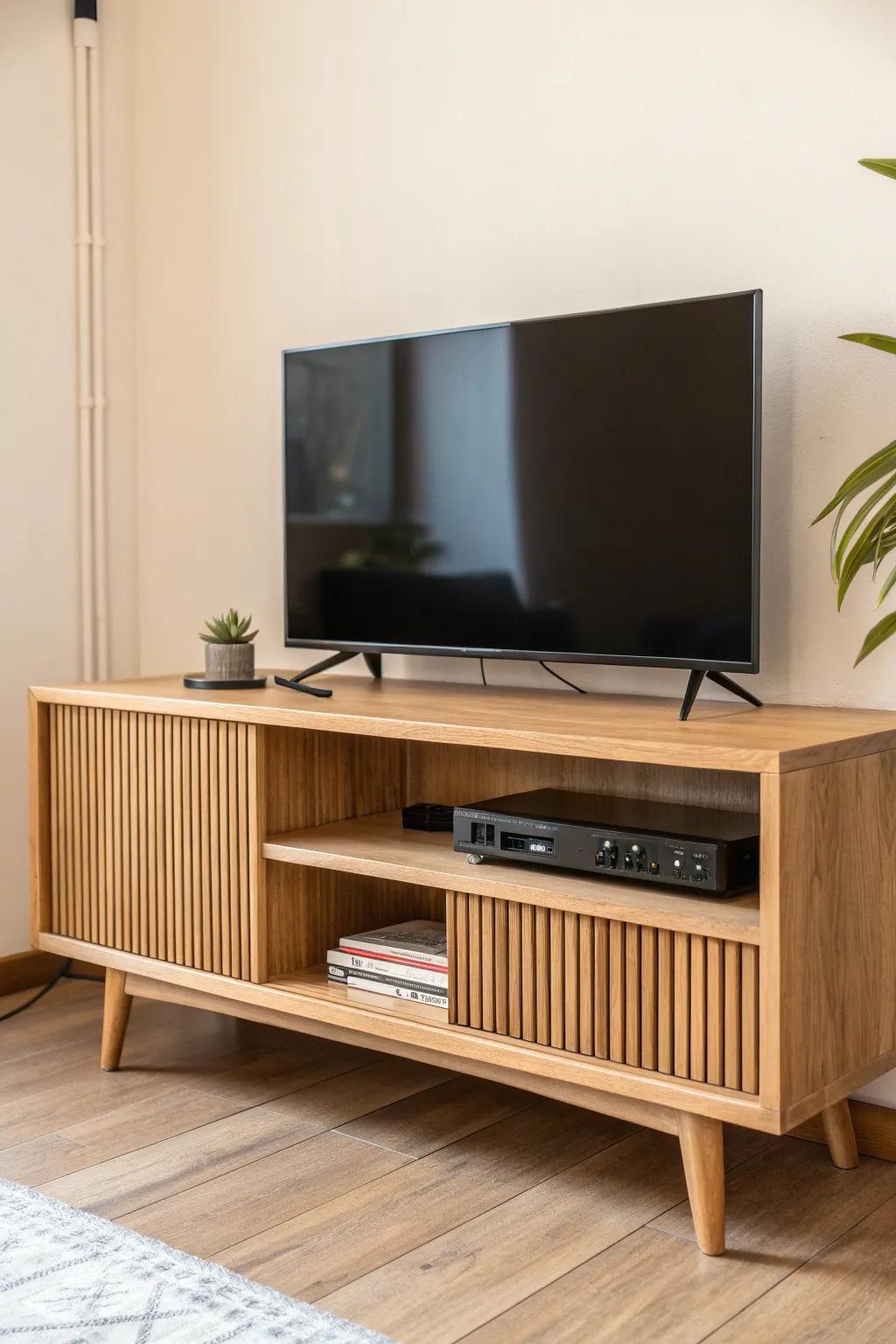 Light oak TV unit with a soundbar shelf and ventilated cubbies for tidy, cool-running devices.
