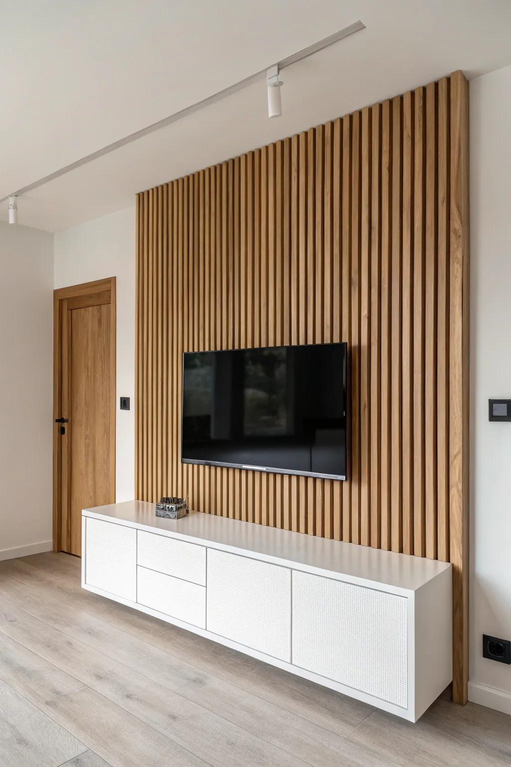 Vertical oak slat TV wall with matte floating cabinet—warm texture, clean Scandinavian lines.