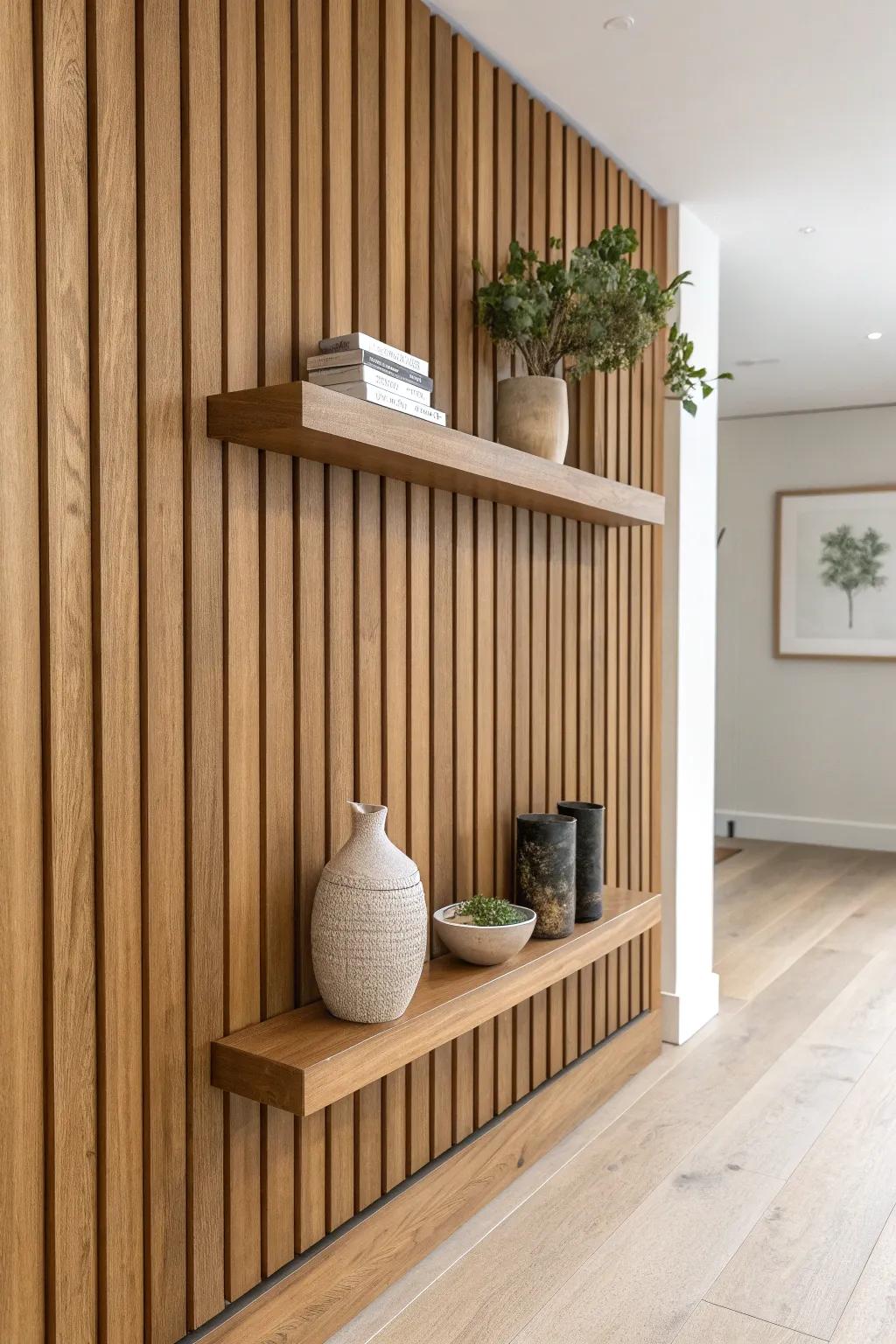 Warm oak slat wall + slim floating shelves—minimal, modern, and beautifully cohesive.
