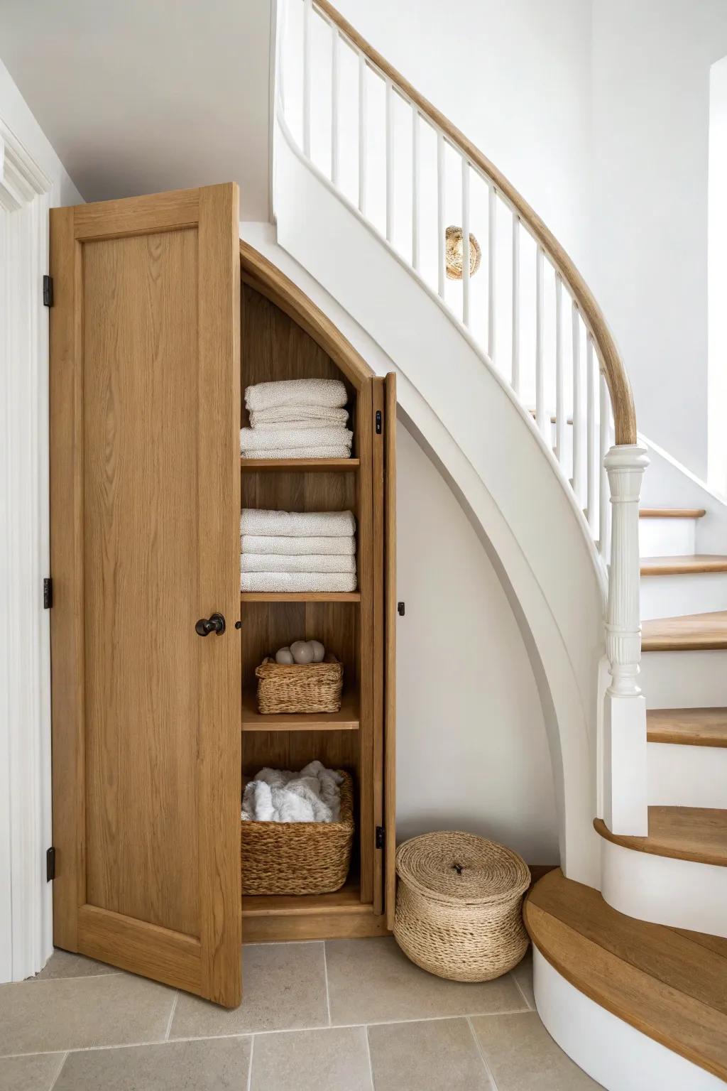 A slim under-curved-stairs linen closet—custom shelves, crisp towels, and warm oak calm.
