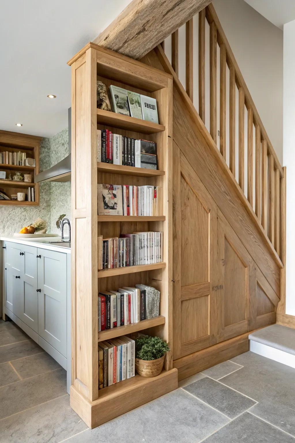 Chunky under‑stair cookbook shelf: warm rustic wood against crisp white walls in a kitchen nook.