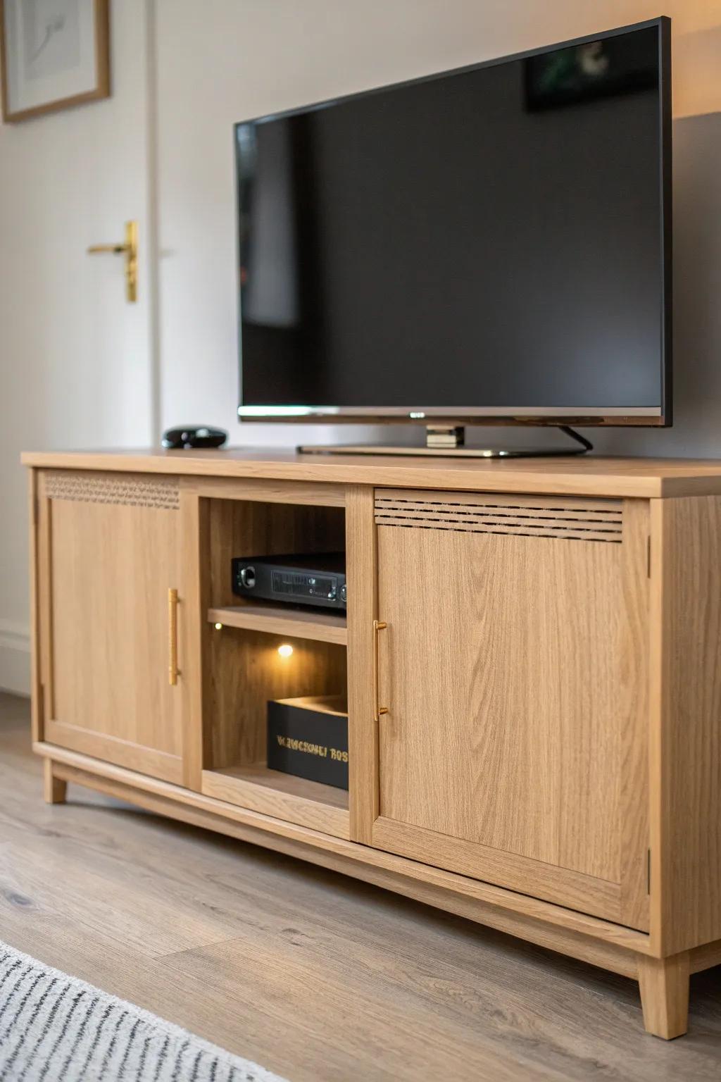 Hide blinking devices behind elegant cabinet doors—add discreet ventilation for a clean look.