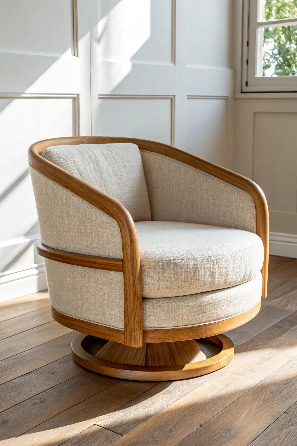 A playful swivel accent chair with a hidden wooden turntable—minimal, cozy, and handcrafted.