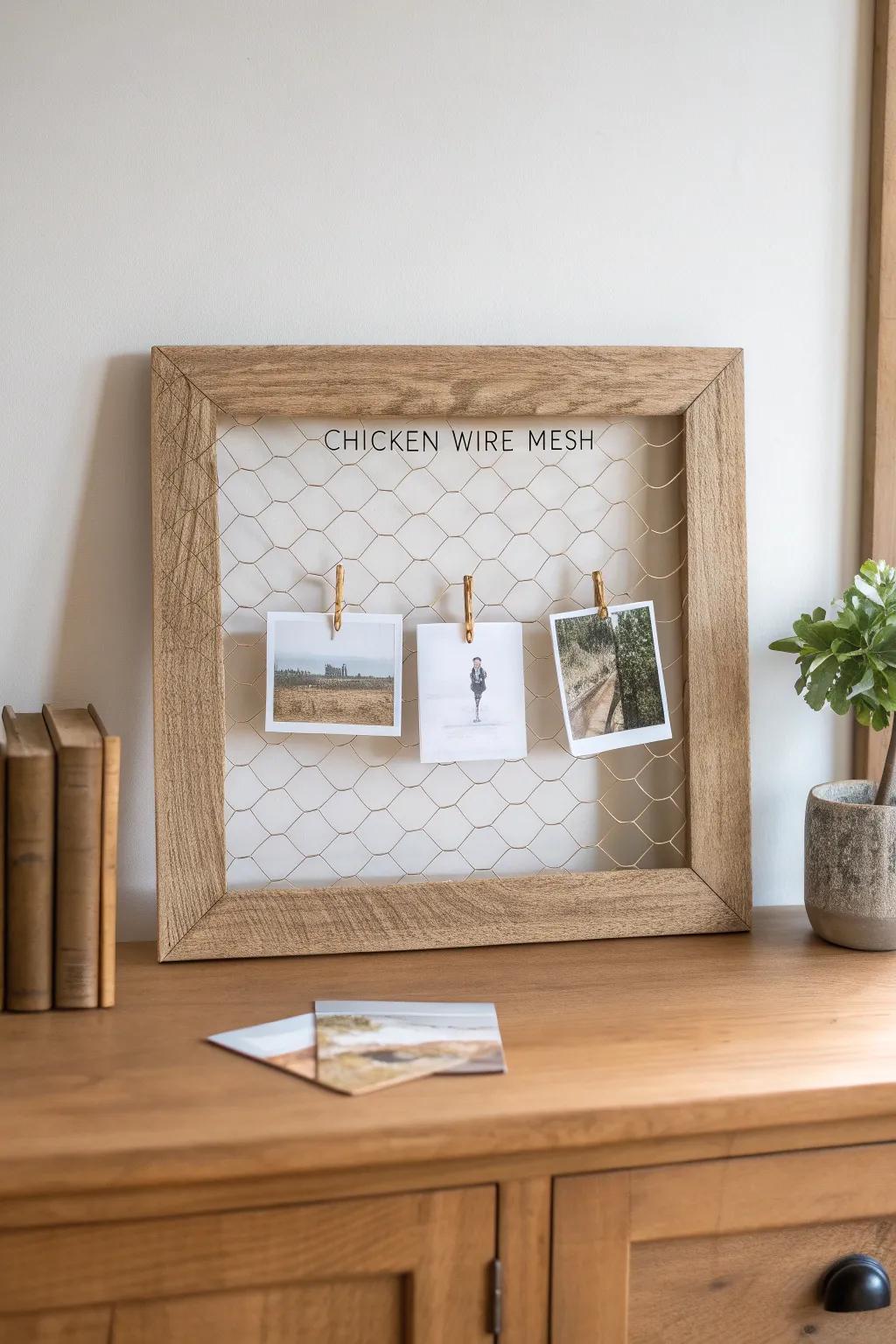 A light-oak chicken wire clip frame—swap photos and notes anytime, beautifully and effortlessly.