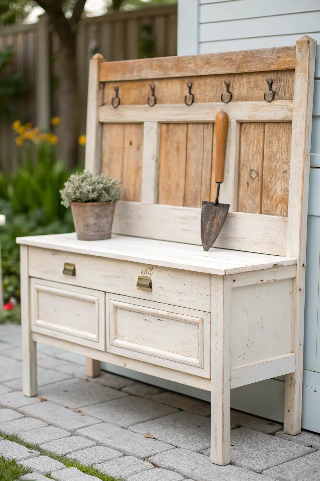 Repurposed headboard turns a simple potting table into a charming, functional garden station.