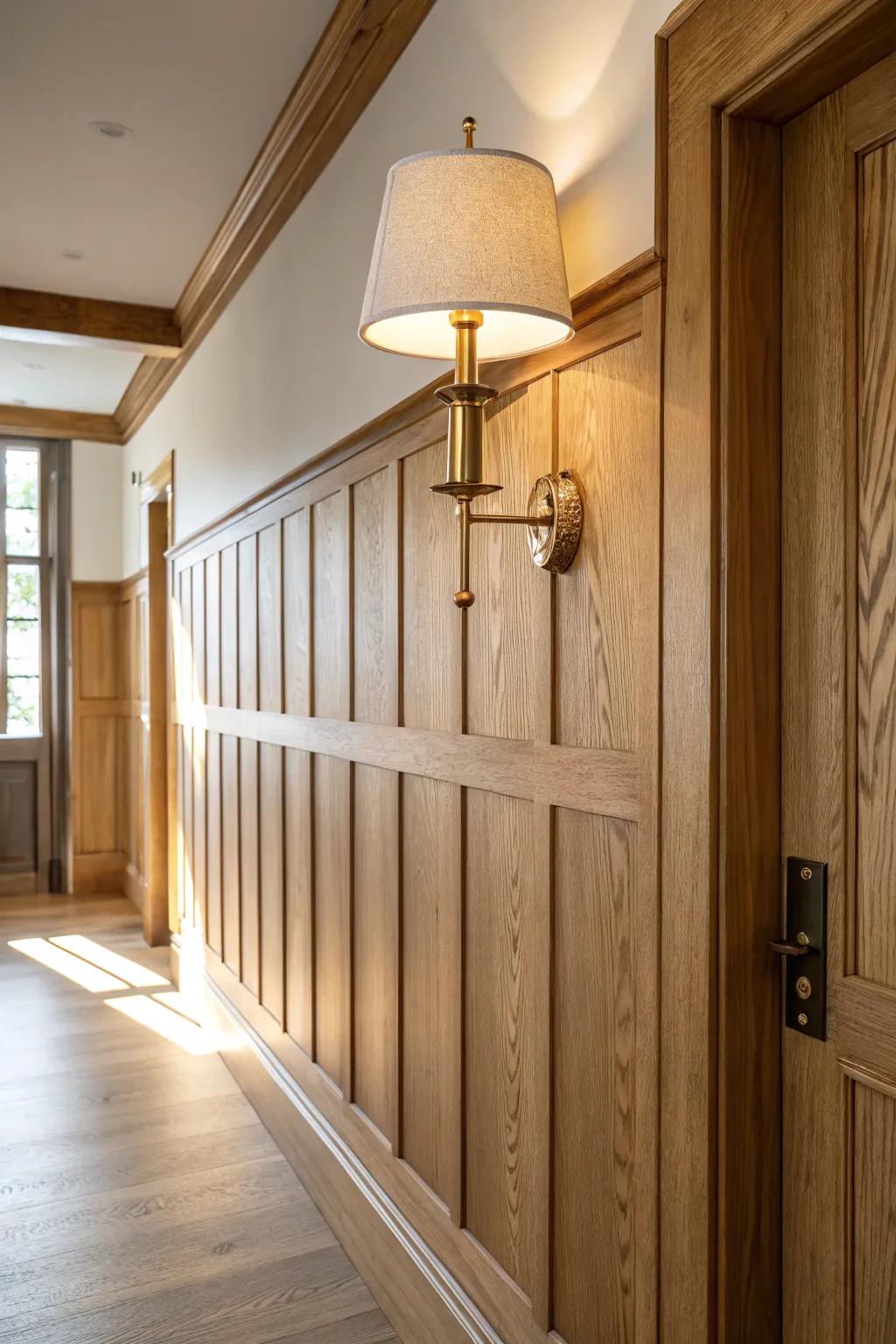 Warm wall sconce glow highlighting oak wainscoting—cozy Scandinavian hallway lighting idea.